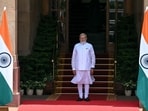 Prime Minister Narendra Modi waits before the arrival of Myanmar's President Min Aung Hlaing for a meeting at the Hyderabad House in New Delhi.