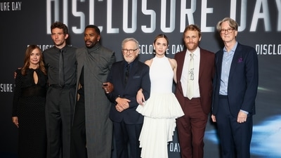 Producer Kristie Macosko Krieger, Josh O'Connor, Colman Domingo, Steven Spielberg, Emily Blunt, Wyatt Russel, and David Koepp pose upon arrival. (AP Photo/Thomas Padilla) Producer Kristie Macosko Krieger, Josh O'Connor, Colman Domingo, Steven Spielberg, Emily Blunt, Wyatt Russel, and David Koepp pose upon arrival. (AP Photo/Thomas Padilla)