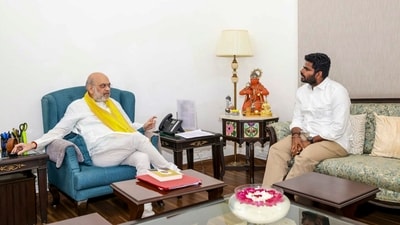 K Annamalai (right) with Union home minister Amit Shah in New Delhi. (PTI) K Annamalai (right) with Union home minister Amit Shah in New Delhi. (PTI)