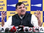 Aam Aadmi Party (AAP) MP Sanjay Singh addresses a press conference at the party office in New Delhi on Sunday.
