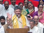 Karnataka chief minister DK Shivakumar speaks at the Congress office in Bengaluru on Wednesday.