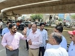 GMDA CEO PC Meena conducted a field visit across various sectors to review monsoon preparedness, ongoing drainage works and infrastructure projects. (HT)