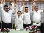 AITC chairperson Mamata Banerjee along with AITC GS Abhishek Banerjee and former minister Firhad Hakim (extreme left).