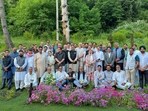 National Conference legislators, led by chief minister Omar Abdullah, along with Cabinet Ministers, MPs, and MLAs, during a group photograph after a party meeting, in Srinagar on Wednesday. (ANI)