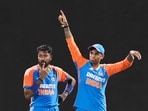 India's Suryakumar Yadav and Hardik Pandya during a T20 International cricket match. India's Suryakumar Yadav and Hardik Pandya during a T20 International cricket match.