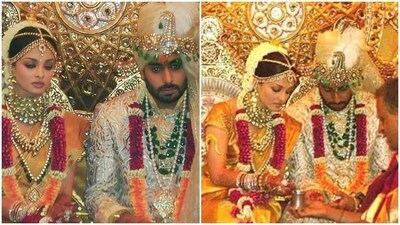 Aishwarya Rai famously wore a gorgeous gold Kanjeevaram saree to marry Abhishek Bachchan. She styled her wedding drape with heavy, temple gold jewellery and striking makeup. Aishwarya Rai famously wore a gorgeous gold Kanjeevaram saree to marry Abhishek Bachchan. She styled her wedding drape with heavy, temple gold jewellery and striking makeup. 