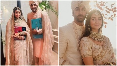 Designed by Sabyasachi Mukherjee, Alia Bhatt's ivory and gold tissue silk saree became the talk of the town. She styled it with stunning diamond and gold jewels and loose tresses, decked with a matha patti. Designed by Sabyasachi Mukherjee, Alia Bhatt's ivory and gold tissue silk saree became the talk of the town. She styled it with stunning diamond and gold jewels and loose tresses, decked with a matha patti. 