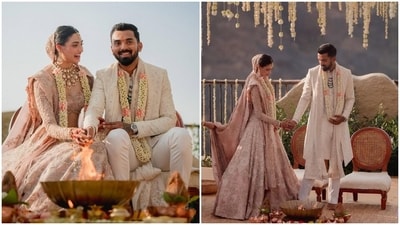 Athiya Shetty's lehenga, to marry KL Rahul, was a handmade and hand-woven piece designed by celebrity designer Anamika Khanna. The heavily embroidered outfit was paired with polki diamond jewellery. Athiya Shetty's lehenga, to marry KL Rahul, was a handmade and hand-woven piece designed by celebrity designer Anamika Khanna. The heavily embroidered outfit was paired with polki diamond jewellery. 