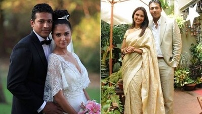 For her civil ceremony, Lara Dutta wore a beige saree from Ritu Kumar’s Falaknuma collection, and for her Catholic wedding, she chose a simple yet stunning Elie Saab gown with a 10-meter train, accessorised with an elegant diamond necklace and earring set. For her civil ceremony, Lara Dutta wore a beige saree from Ritu Kumar’s Falaknuma collection, and for her Catholic wedding, she chose a simple yet stunning Elie Saab gown with a 10-meter train, accessorised with an elegant diamond necklace and earring set. 