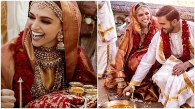 Deepika Padukone wore a brocade silk Kanjeevaram sare from Advaya by The House of Angadi to marry Ranveer Singh. It was crafted using pure zari threads and took approximately 45 days to complete. The Gandaberunda leitmotifs on the drape symbolised her home state, Karnataka. Deepika Padukone wore a brocade silk Kanjeevaram sare from Advaya by The House of Angadi to marry Ranveer Singh. It was crafted using pure zari threads and took approximately 45 days to complete. The Gandaberunda leitmotifs on the drape symbolised her home state, Karnataka. 