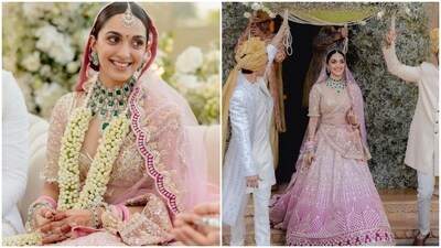 Kiara Advani wore a custom ombre pink lehenga set designed by Manish Malhotra for her wedding to actor Sidharth Malhotra. She paired the look with stunning diamond and emerald jewellery. Kiara Advani wore a custom ombre pink lehenga set designed by Manish Malhotra for her wedding to actor Sidharth Malhotra. She paired the look with stunning diamond and emerald jewellery. 