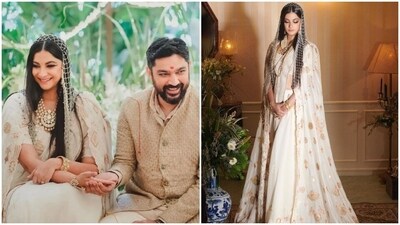 Instead of a traditional red lehenga, Rhea Kapoor opted for a classic white saree by Anamika Khanna. Draped over a half-sleeved blouse and topped with a cape in ivory and gold tones, the saree featured tone-on-tone threadwork. She completed the look with a veil crafted using thousands of little pearls. Instead of a traditional red lehenga, Rhea Kapoor opted for a classic white saree by Anamika Khanna. Draped over a half-sleeved blouse and topped with a cape in ivory and gold tones, the saree featured tone-on-tone threadwork. She completed the look with a veil crafted using thousands of little pearls. 
