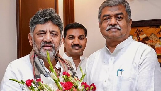 BK Hariprasad (right) with Karnataka chief minister DK Shivakumar. (PTI)