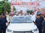 Odisha Chief Minister Mohan Charan Majhi holds an election campaign ahead of the Rajya Sabha bye-elections 2026 at the Pipili area, in Puri on Thursday. BJP MP Sambit Patra also present.