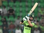Pakistan's Shaheen Afridi plays a shot. 