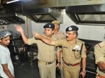 Director general (Fire Services) Sujeet Pandey and other officials during an inspection of a hotel in Lucknow on Thursday. (Deepak Gupta/HT Photo)