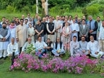 National Conference legislators, led by chief minister Omar Abdullah, along with cabinet ministers, MPs, and MLAs, after a party meeting in Srinagar on Wednesday. (ANI)