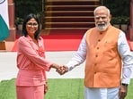 Prime Minister Narendra Modi with Venezuela's acting President Delcy Rodríguez in New Delhi on Thursday. (Ajay Aggarwal/ HT Photo)