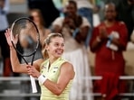Poland's Maja Chwalinska celebrates after winning her semi-final match at Roland Garros.