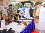 Union home minister Amit Shah inspecting weaponry of the Lankamura outpost along the India-Bangladesh border in Tripura. (X) Union home minister Amit Shah inspecting weaponry of the Lankamura outpost along the India-Bangladesh border in Tripura. (X)