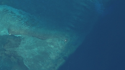 A satellite image shows a possible raft at the opening to Scarborough Shoal, in the South China Sea. (via REUTERS)