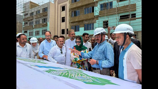 Peoples Democratic Party president Mehbooba Mufti visits AIIMS Awantipora to review the progress of the project on Friday. (PTI)