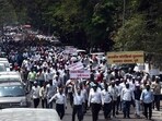 Pune, India -March 14, 2023:Protest by Government employees at Central building ,Pune station in Pune, India,Tuesday, March 14, 2023-HT photo