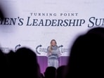 CEO of Turning Point USA, Erika Kirk, speaks during the Turning Point Women's Leadership Summit in San Antonio. REUTERS/Joel Angel Juarez
