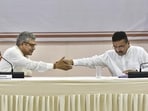 Union Railway Minister Ashwini Vaishnaw, left, and West Bengal Chief Minister Suvendu Adhikari during a meeting. (PTI)