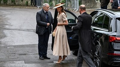 Britain's Kate, Princess of Wales and William, Prince of Wales arrive to attend the wedding of Princess Anne's son, Peter Phillips and Harriet Sperling at All Saints' Church in Kemble, Cirencester, Britain, June 6, 2026. REUTERS/Dylan Martinez (REUTERS)