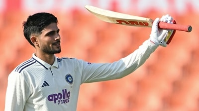 Shubman Gill brought up his 11th Test century with a single off Mohammad Saleem, celebrating the milestone with a raised bat as he soaked in the applause from the spectators at India's newest Test venue. (AFP) Shubman Gill brought up his 11th Test century with a single off Mohammad Saleem, celebrating the milestone with a raised bat as he soaked in the applause from the spectators at India's newest Test venue. (AFP)