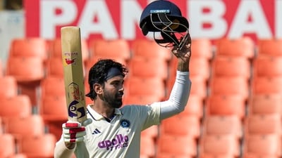 KL Rahul brought up his 12th Test century with a composed innings, reaching the three-figure mark after weathering the early challenge from Afghanistan's bowlers. However, his stay at the crease was short-lived after the milestone, as he was dismissed for an even 100 soon after completing the hundred. (PTI) KL Rahul brought up his 12th Test century with a composed innings, reaching the three-figure mark after weathering the early challenge from Afghanistan's bowlers. However, his stay at the crease was short-lived after the milestone, as he was dismissed for an even 100 soon after completing the hundred. (PTI)