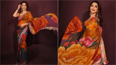 Exuding glamour, Madhuri's multitone brown-and-orange saree features stunning floral prints and colourful borders that add a playful touch. (Instagram/@madhuridixitnene) Exuding glamour, Madhuri's multitone brown-and-orange saree features stunning floral prints and colourful borders that add a playful touch. (Instagram/@madhuridixitnene)