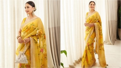 Yellow and summer go hand in hand, and Madhuri's beautiful yellow organza saree is proof. Featuring elegant floral prints and golden borders, the look is the very definition of elegance. (Instagram/@madhuridixitnene) Yellow and summer go hand in hand, and Madhuri's beautiful yellow organza saree is proof. Featuring elegant floral prints and golden borders, the look is the very definition of elegance. (Instagram/@madhuridixitnene)