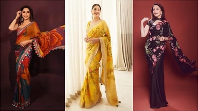 Summer and florals are a match made in fashion heaven, and Madhuri Dixit's wardrobe proves it. Here are some gorgeous floral saree looks from the actor that deserve a place on your mood board. (Instagram/@madhuridixitnene) Summer and florals are a match made in fashion heaven, and Madhuri Dixit's wardrobe proves it. Here are some gorgeous floral saree looks from the actor that deserve a place on your mood board. (Instagram/@madhuridixitnene)