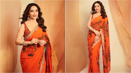 If you're looking for festive fashion inspiration, bookmark Madhuri's orange saree featuring digital floral prints and striking golden borders.(Instagram/@madhuridixitnene)