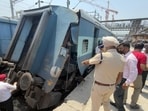 A team of railway officials and police checking the damage to a Delhi-Shri Vaishno Devi Katra Special train compartment after it split into two on platform number 2 in Ludhiana railway station on Saturday. (Gurpreet Singh/HT) A team of railway officials and police checking the damage to a Delhi-Shri Vaishno Devi Katra Special train compartment after it split into two on platform number 2 in Ludhiana railway station on Saturday. (Gurpreet Singh/HT)