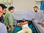 An injured lineman undergoing treatment at Government Rajindra Hospital in Patiala on Saturday. (HT Photo)