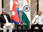External Affairs Minister S. Jaishankar meets Nepal Foreign Minister Shisir Khanal, in New Delhi on Saturday. (ANI/@DrSJaishankar)
