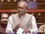 Congress MP Digvijay Singh speaks in the Rajya Sabha during the second part of the Budget session of Parliament, in New Delhi, in March.