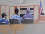 A courtroom sketch, provided by Pat Lopez shows Karmelo Anthony, center, at the defense table, the jury on the left and the presiding judge on the right, on Thursday, June 4, 2026, in McKinney, Texas, during the trial of a teen accused of fatally stabbing another during a track meet in suburban Dallas last year. (Pat Lopez via AP)