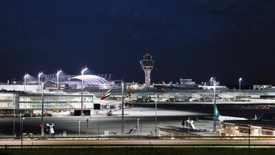 The tower is seen at the Munich International Airport in Munich, southern Germany, on June 7, 2026. All flight operations were halted and the tower evacuated as staff reported strong smell of smoke but no fire has been detected. (Photo by Michaela STACHE / AFP) (AFP)
