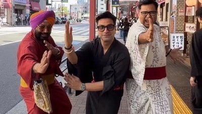 Kunal engaged in goofy shenanigans with his fellow chefs Harpal Singh Sokhi and Ajay Chopra on the streets of Tokyo while dressed in traditional yukatas. Reflecting on the experience, he spoke about the patience and precision required to wear the garment correctly, describing it as much more than just an outfit. “Wearing one is an experience in itself,” he said. “Suddenly, you stand straighter, move slower and feel a little more connected to centuries of Japanese tradition.” (Instagram/@chefkunal) Kunal engaged in goofy shenanigans with his fellow chefs Harpal Singh Sokhi and Ajay Chopra on the streets of Tokyo while dressed in traditional yukatas. Reflecting on the experience, he spoke about the patience and precision required to wear the garment correctly, describing it as much more than just an outfit. “Wearing one is an experience in itself,” he said. “Suddenly, you stand straighter, move slower and feel a little more connected to centuries of Japanese tradition.” (Instagram/@chefkunal)