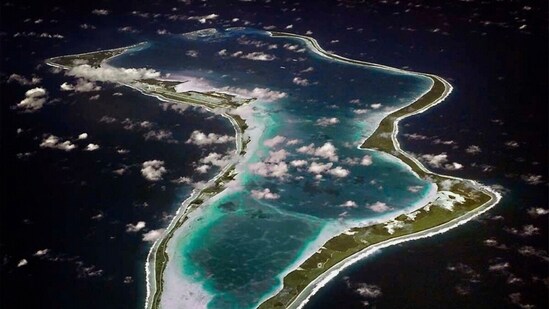 FILE - This image released by the U.S. Navy shows an aerial view of Diego Garcia in the Chagos Island group. (U.S. Navy via AP, File) (AP)