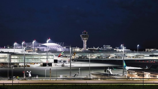 The tower is seen at the Munich International Airport in Munich, southern Germany, on June 7, 2026. All flight operations were halted and the tower evacuated as staff reported strong smell of smoke but no fire has been detected. (Photo by Michaela STACHE / AFP) (AFP)