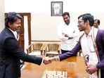 Tamil Nadu Chief Minister Vijay felicitates Grandmaster R Praggnanandhaa for winning the Norway Chess title, in Chennai. (TNDIPR/ANI Video Grab)