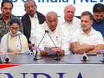 Congress president Mallikarjun Kharge addresses the media after the INDIA bloc meeting at the Constitution Club in New Delhi on Monday. Lok Sabha Leader of Opposition Rahul Gandhi and former Bengal CM Mamata Banerjee of the TMC flanked him.