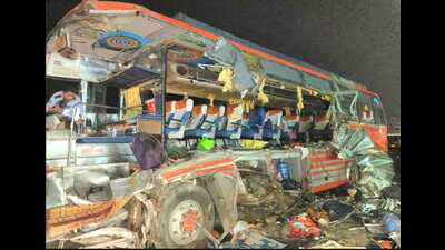 Three pilgrims were killed and 18 injured after a bus carrying 38 pilgrims from Andhra Pradesh rammed into an iron rods-laden truck parked at a roadside eatery on NH-19 under Mufassil police station area of Aurangabad district early on Monday. (HT photo) Three pilgrims were killed and 18 injured after a bus carrying 38 pilgrims from Andhra Pradesh rammed into an iron rods-laden truck parked at a roadside eatery on NH-19 under Mufassil police station area of Aurangabad district early on Monday. (HT photo)
