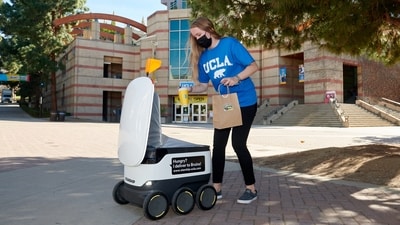 Starship has had to build a sensor array that its six-wheeled couriers, each the size of a beer cooler, can use to guide themselves along the pavements come rain or shine. (Starship Technologies)