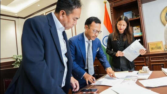 NPP leader James K Sangma filing his nomination. (X)